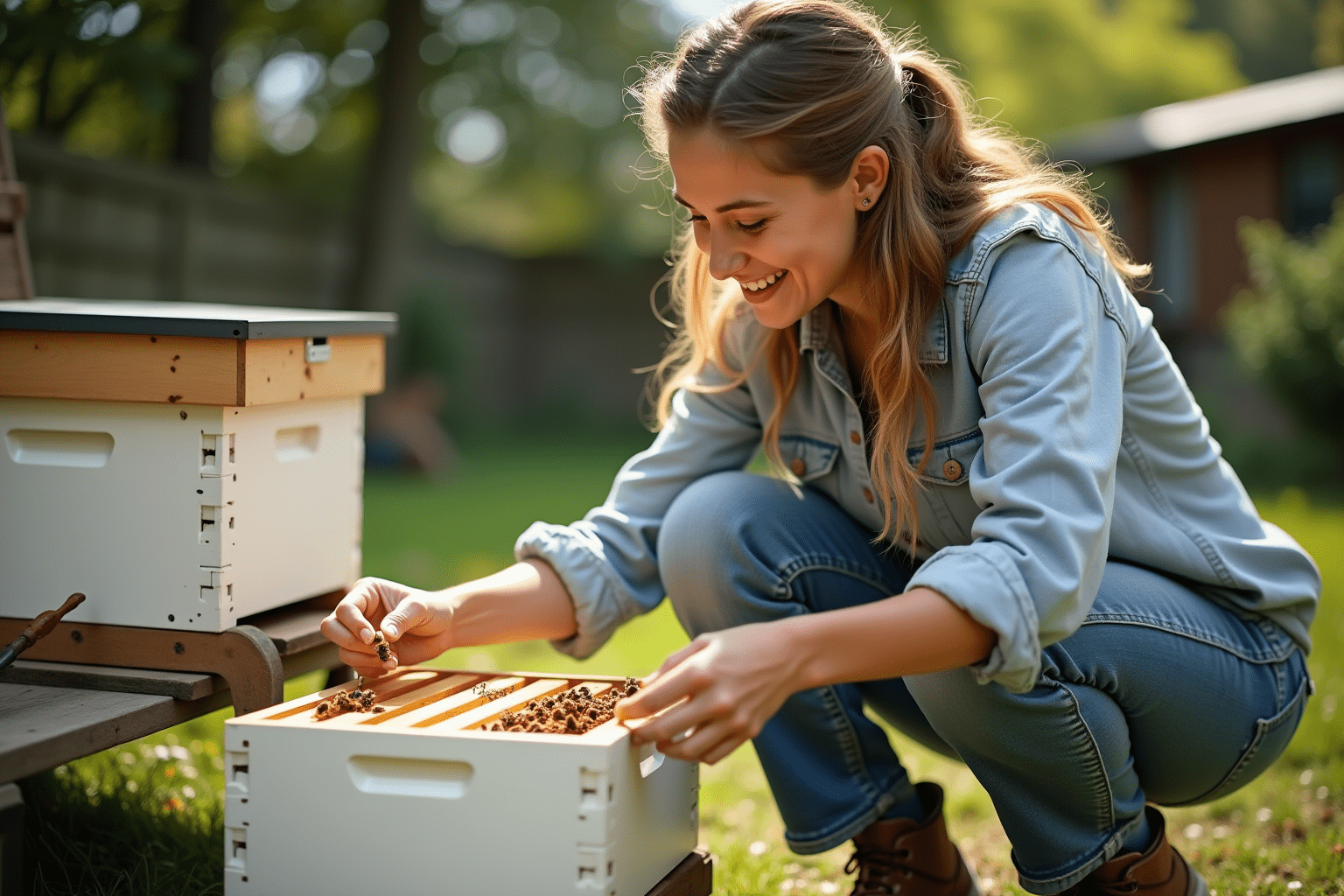 Beginner beekeeper inspecting a starter kit in their garden, showcasing practical beekeeping for beginners.