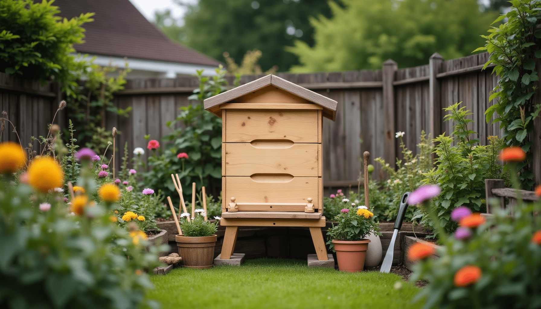 Backyard garden scene featuring a beekeeping starter kit among blooming flowers, perfect for beginners.