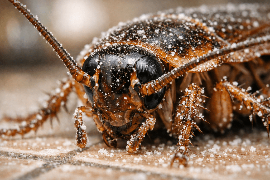 Macro close-up of cockroach with boric acid powder on exoskeleton for roach control treatment