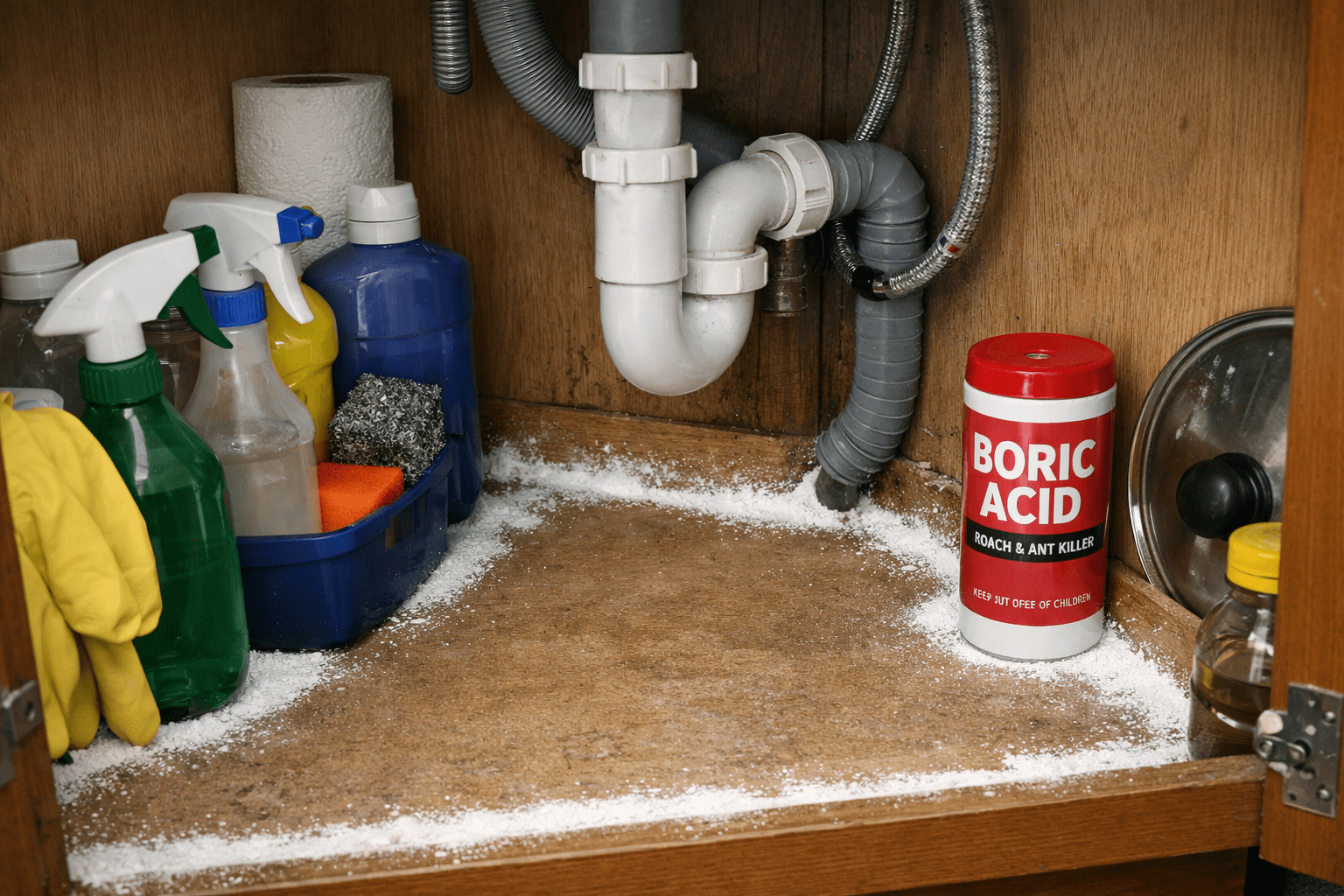 Kitchen under-sink area with boric acid powder applied to baseboards and corners for cockroach treatment