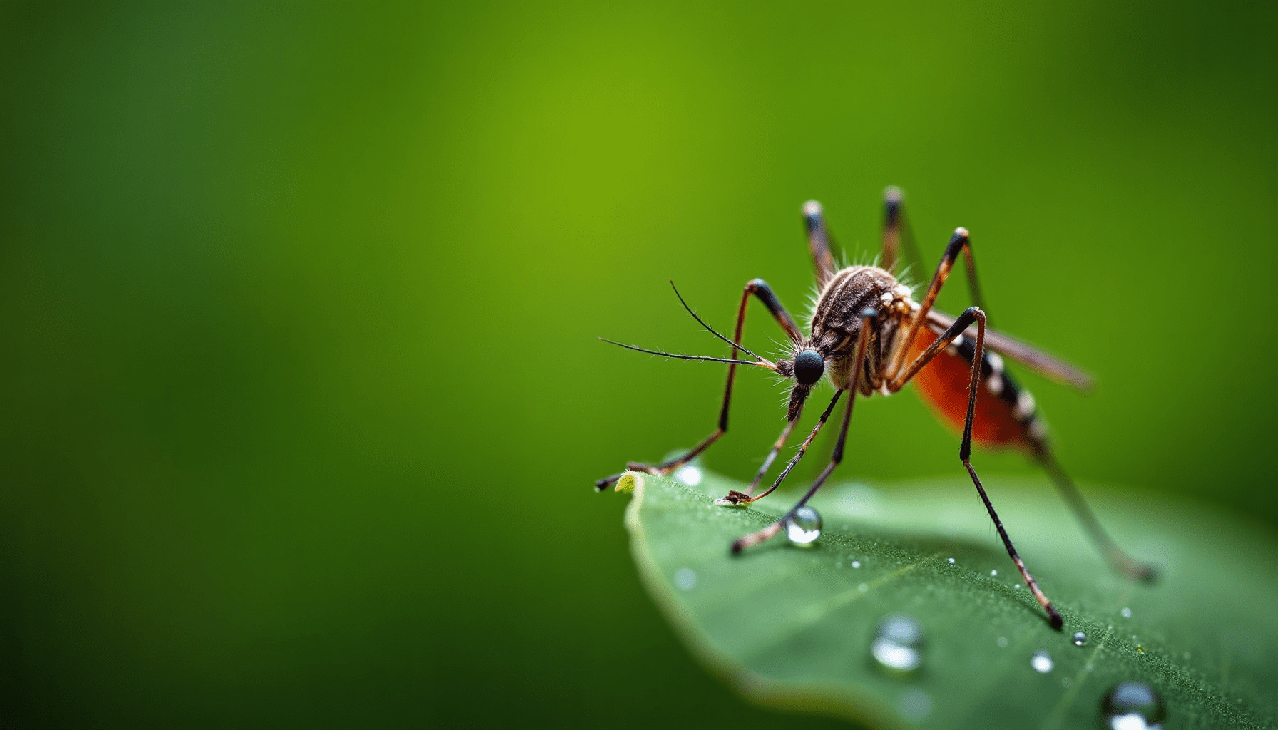 Hyper-detailed macro photo of a mosquito resting on a dew-kissed leaf, showcasing its intricate features, relevant to bug bite suction tools.