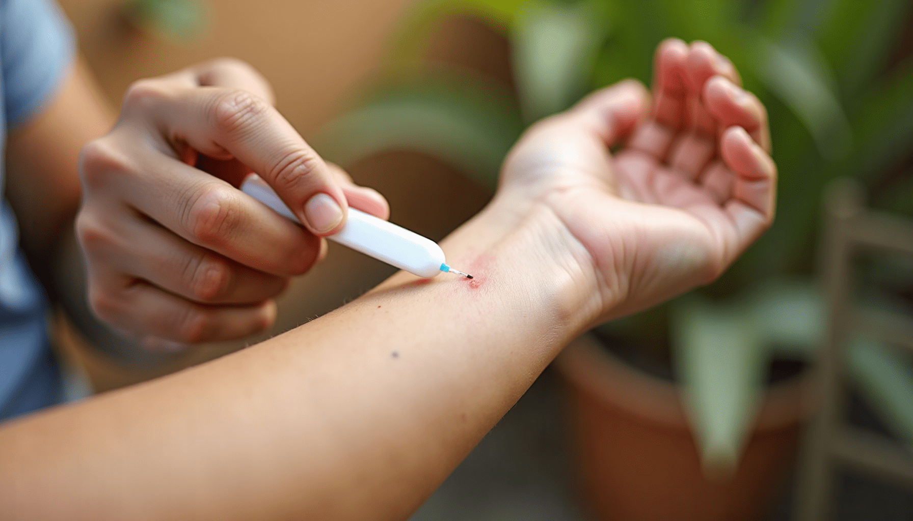 Close-up of a person using a bug bite suction tool on a mosquito bite on their forearm, demonstrating insect bite relief.