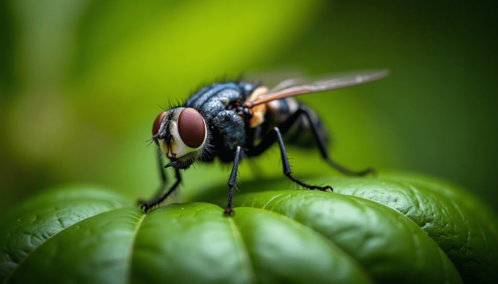 Stunning macro photo of a house fly on a green basil leaf, highlighting details relevant to bug-free outdoor dining.