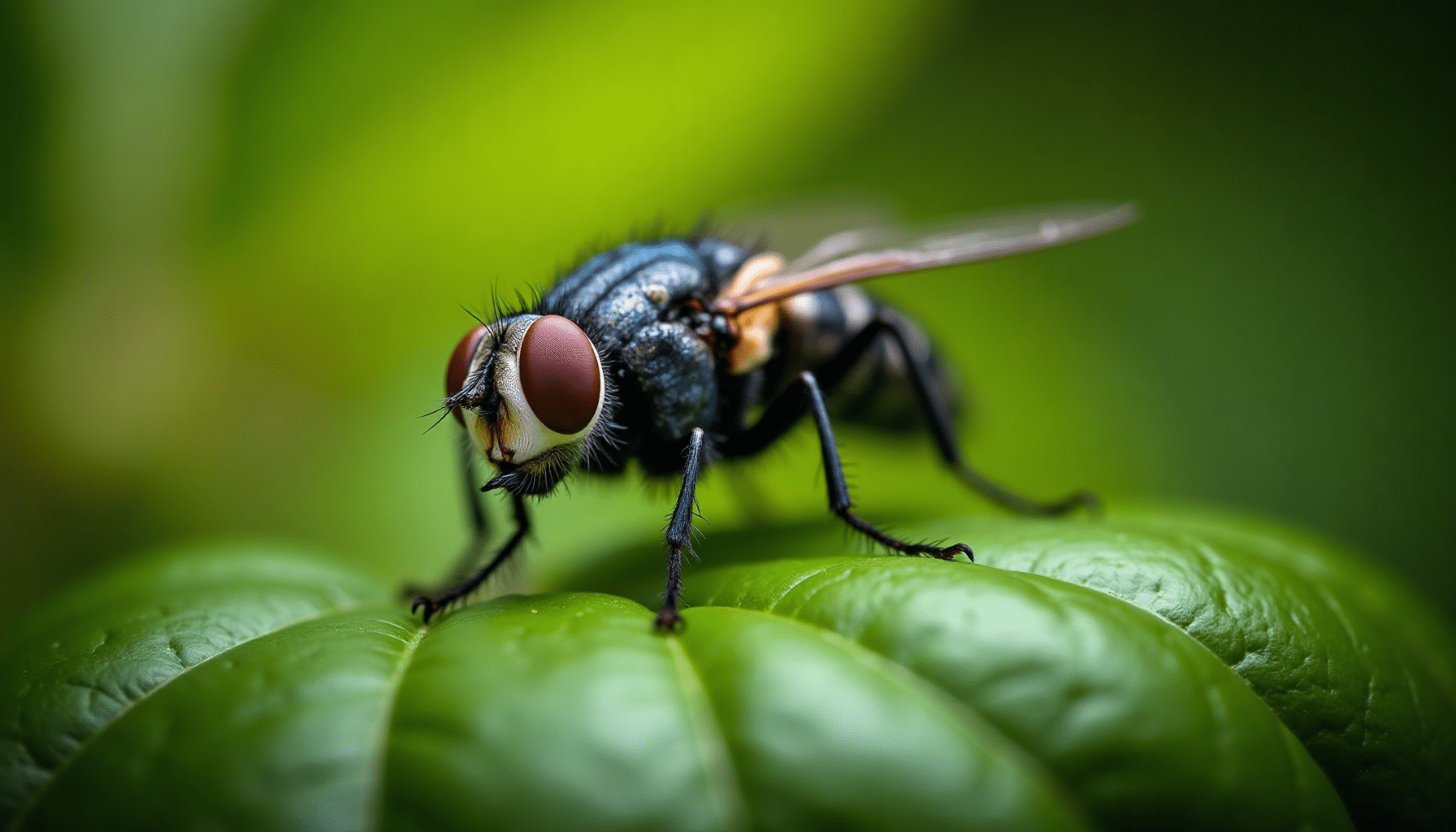 Stunning macro photo of a house fly on a green basil leaf, highlighting details relevant to bug-free outdoor dining.