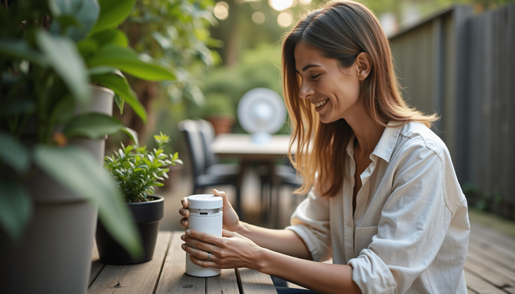 Woman inspecting a mosquito trap outdoor unit on a patio, demonstrating practical bug-free outdoor dining setup.