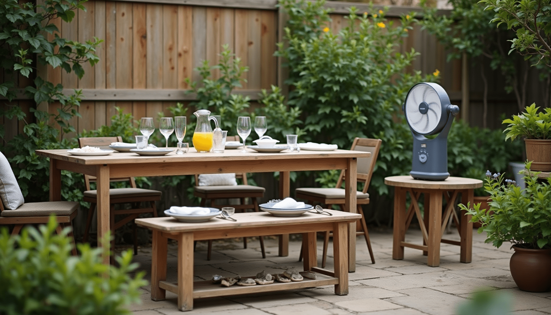 Peaceful patio dining setup with discreet insect repellent fans and mosquito traps for effective outdoor insect control.
