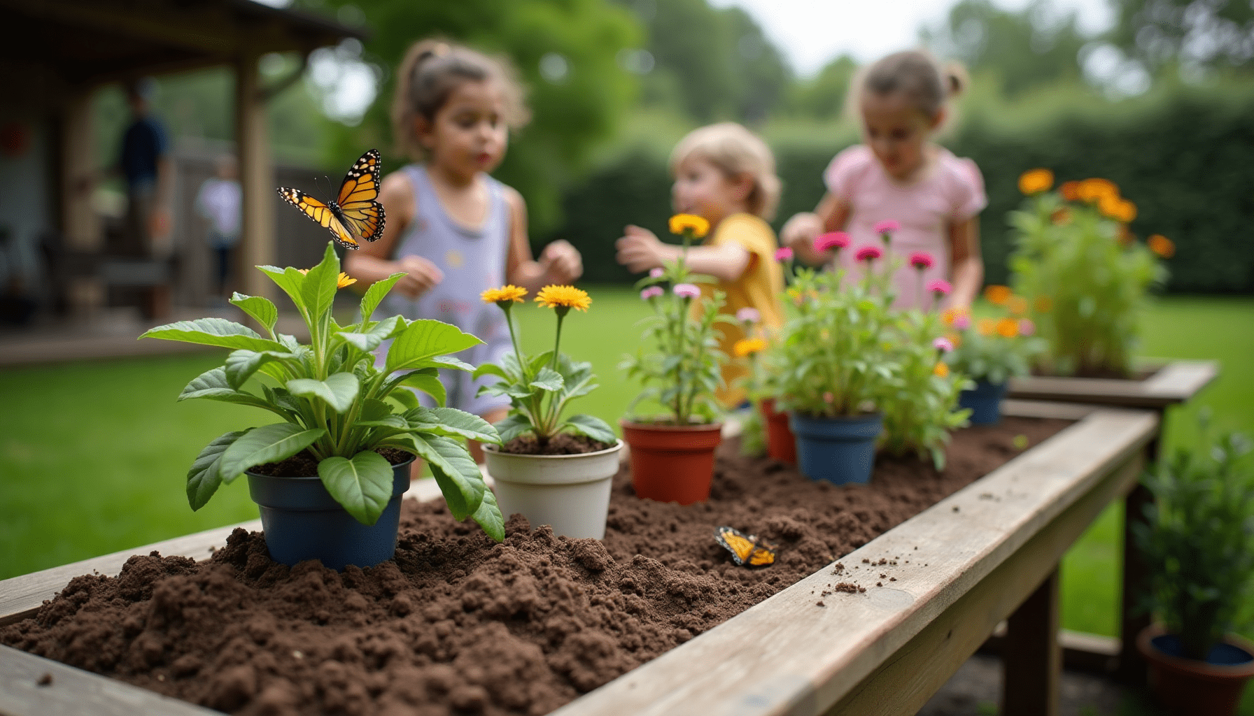 A butterfly garden kit in a backyard, with plants and kids engaged in gardening.