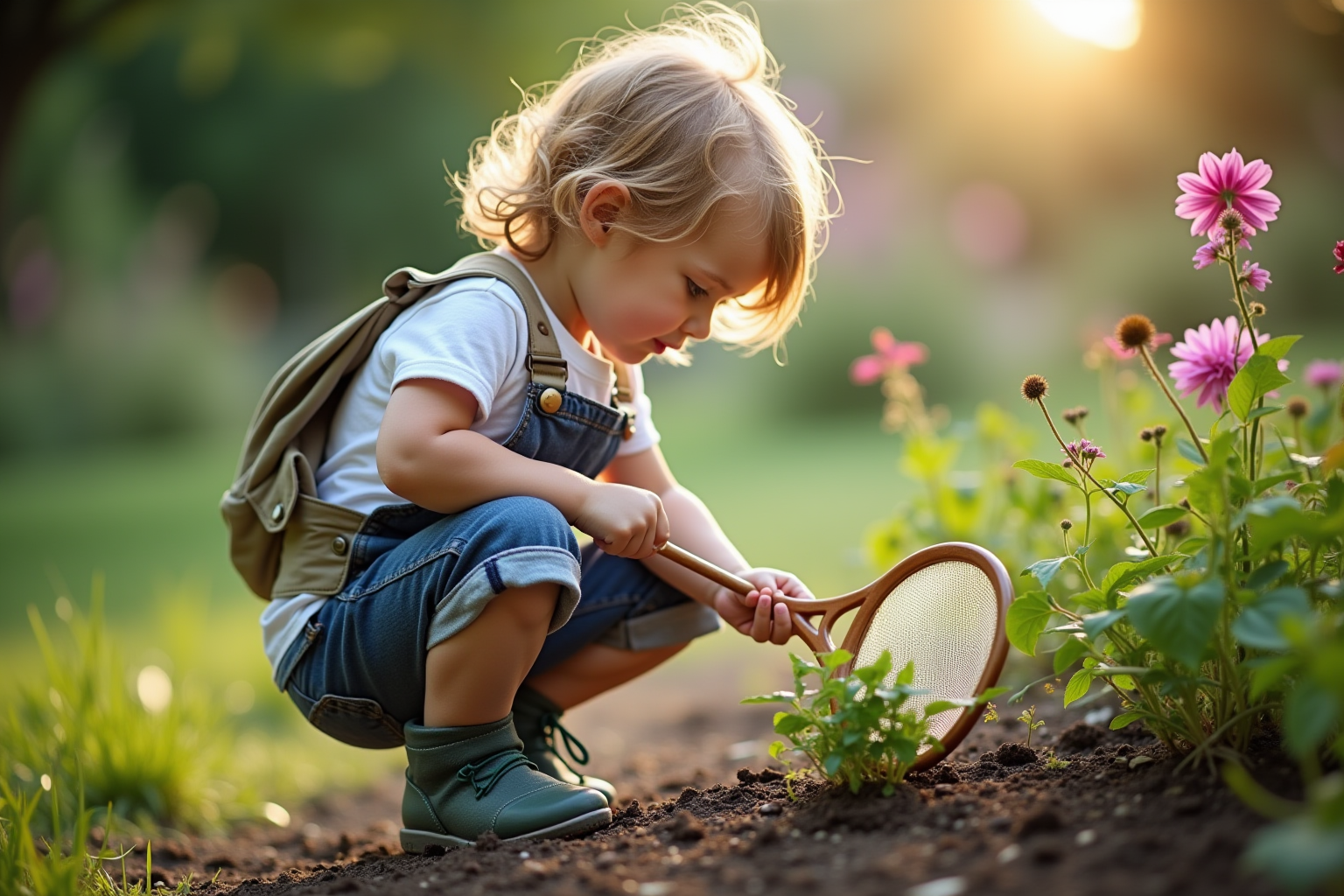 A child exploring a butterfly garden, engaging with plants and nature.