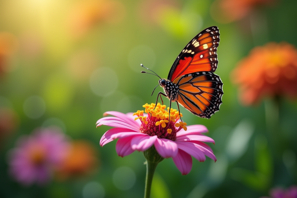 Close-up of a butterfly on a flower, highlighting its details and colors in a garden setting.