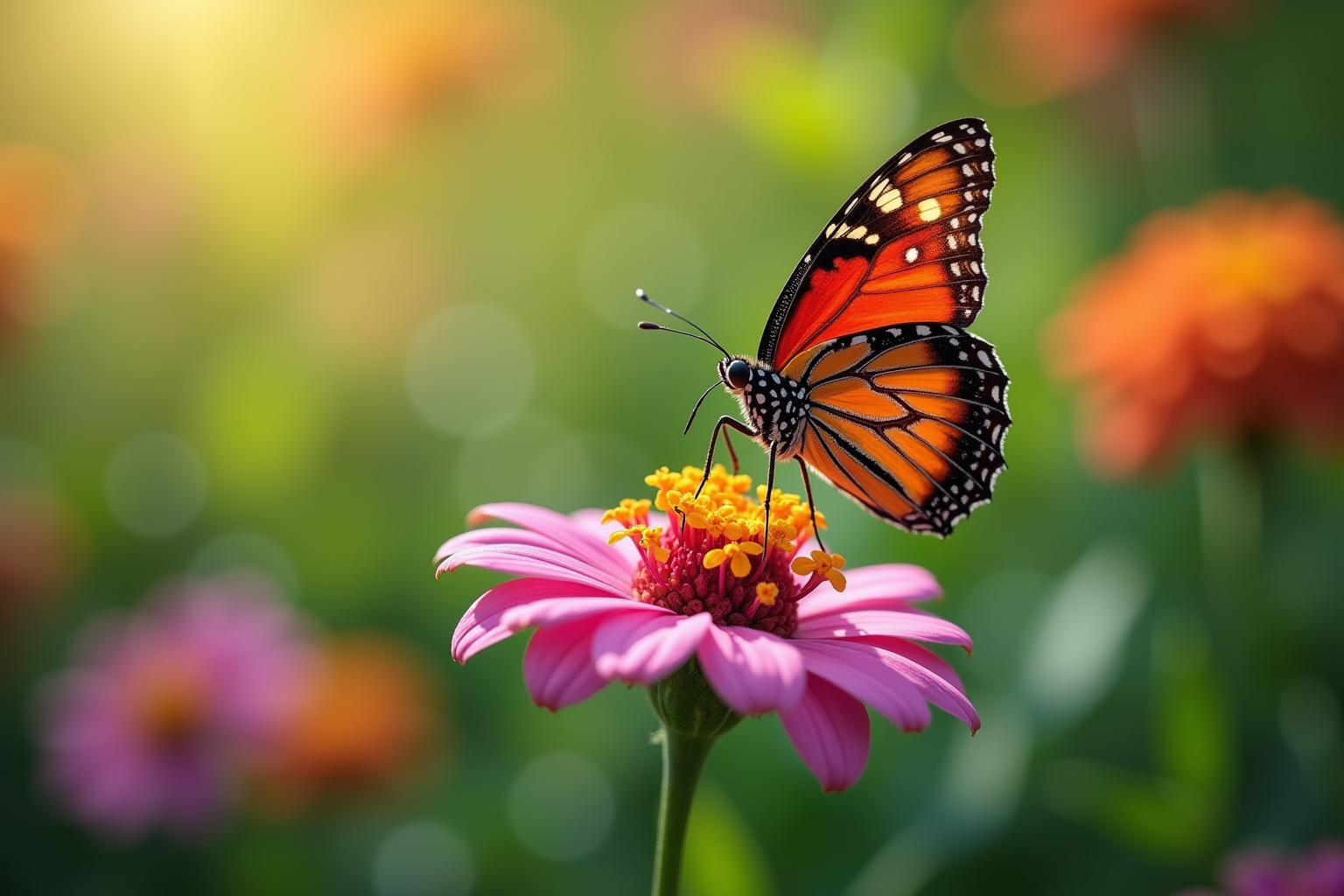 Close-up of a butterfly on a flower, highlighting its details and colors in a garden setting.