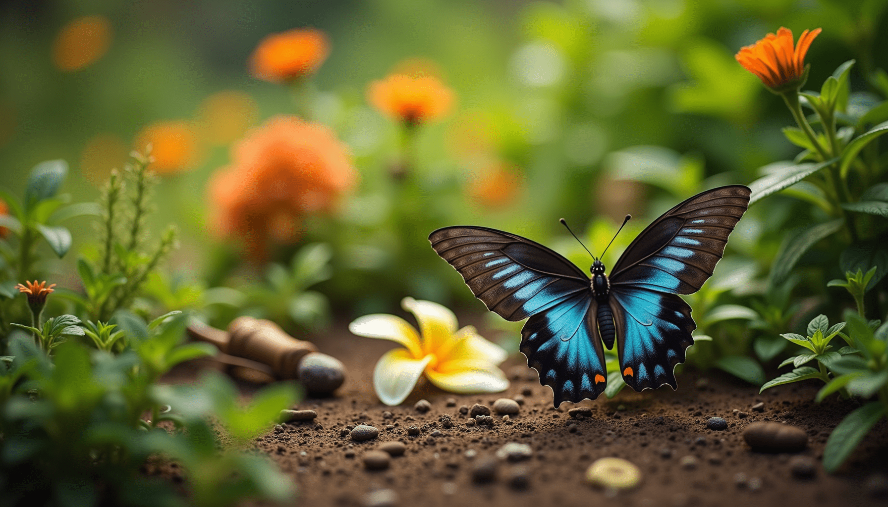 A butterfly garden with diverse plants, showcasing a healthy habitat for butterflies and caterpillars.