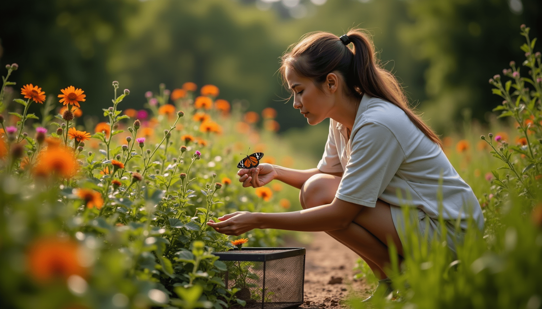 A person examining a butterfly habitat, highlighting the importance of butterfly gardening and conservation.