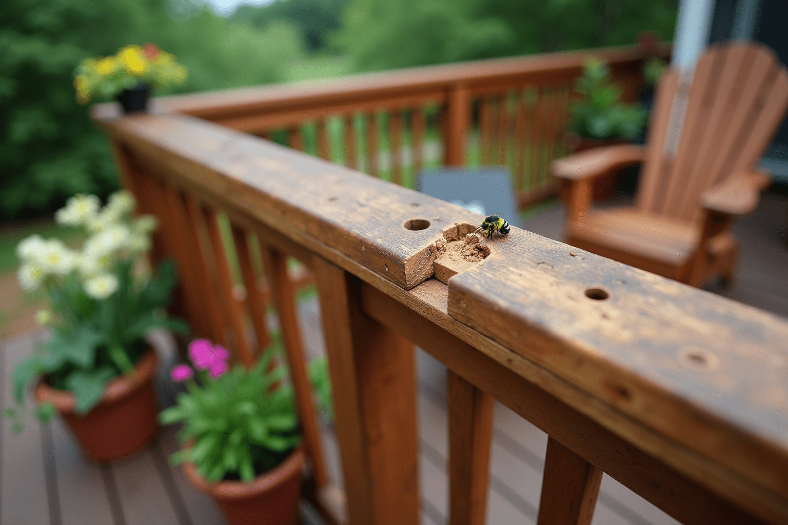 Wood deck with carpenter bee damage, showing holes and garden context.