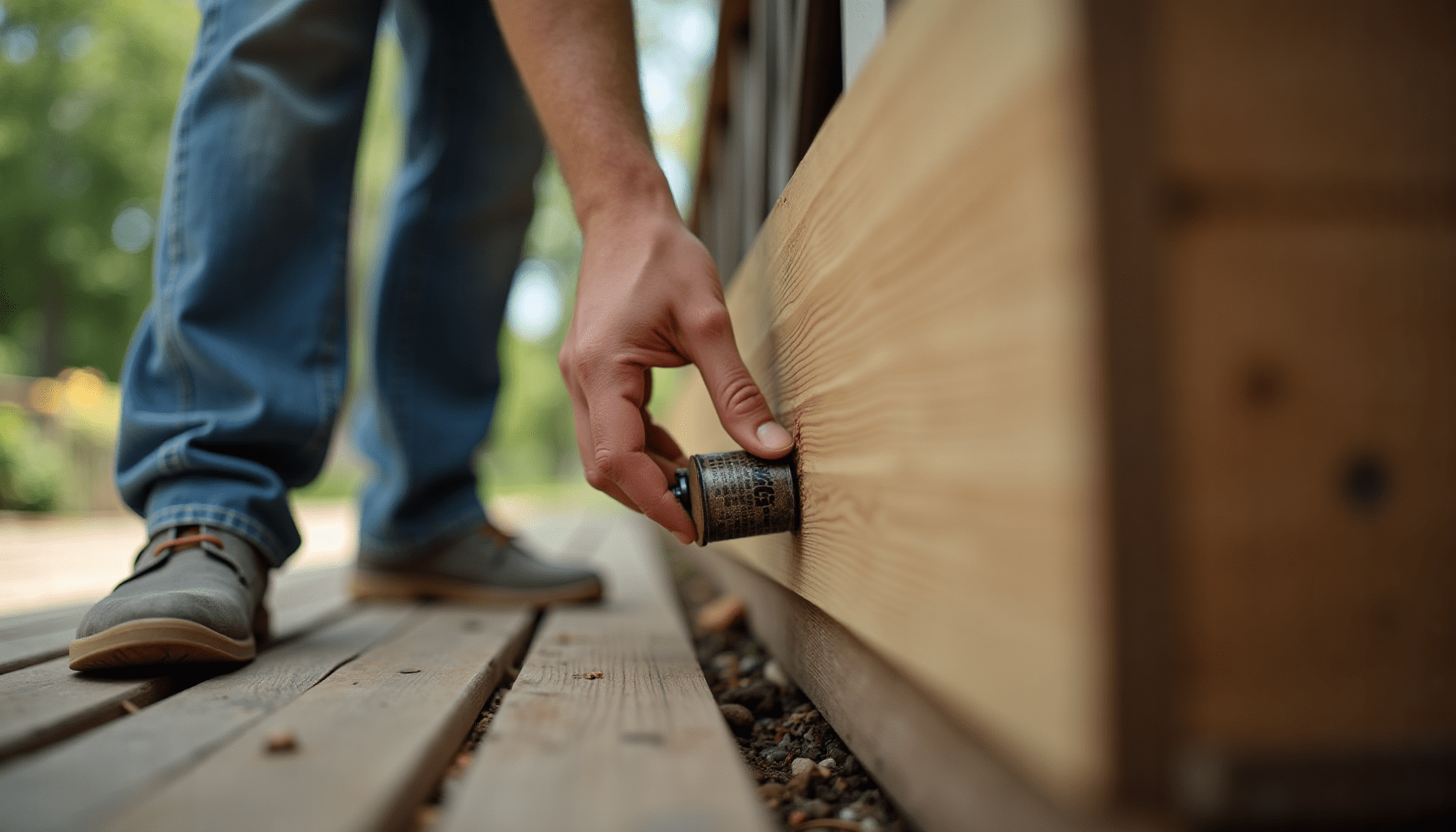 Person inspecting deck for carpenter bee damage with a trap in hand.