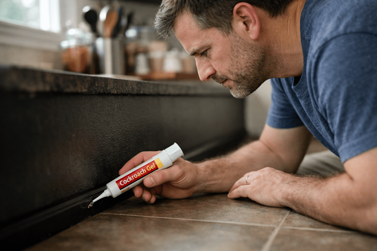 Person applying professional-grade cockroach gel bait along kitchen baseboard