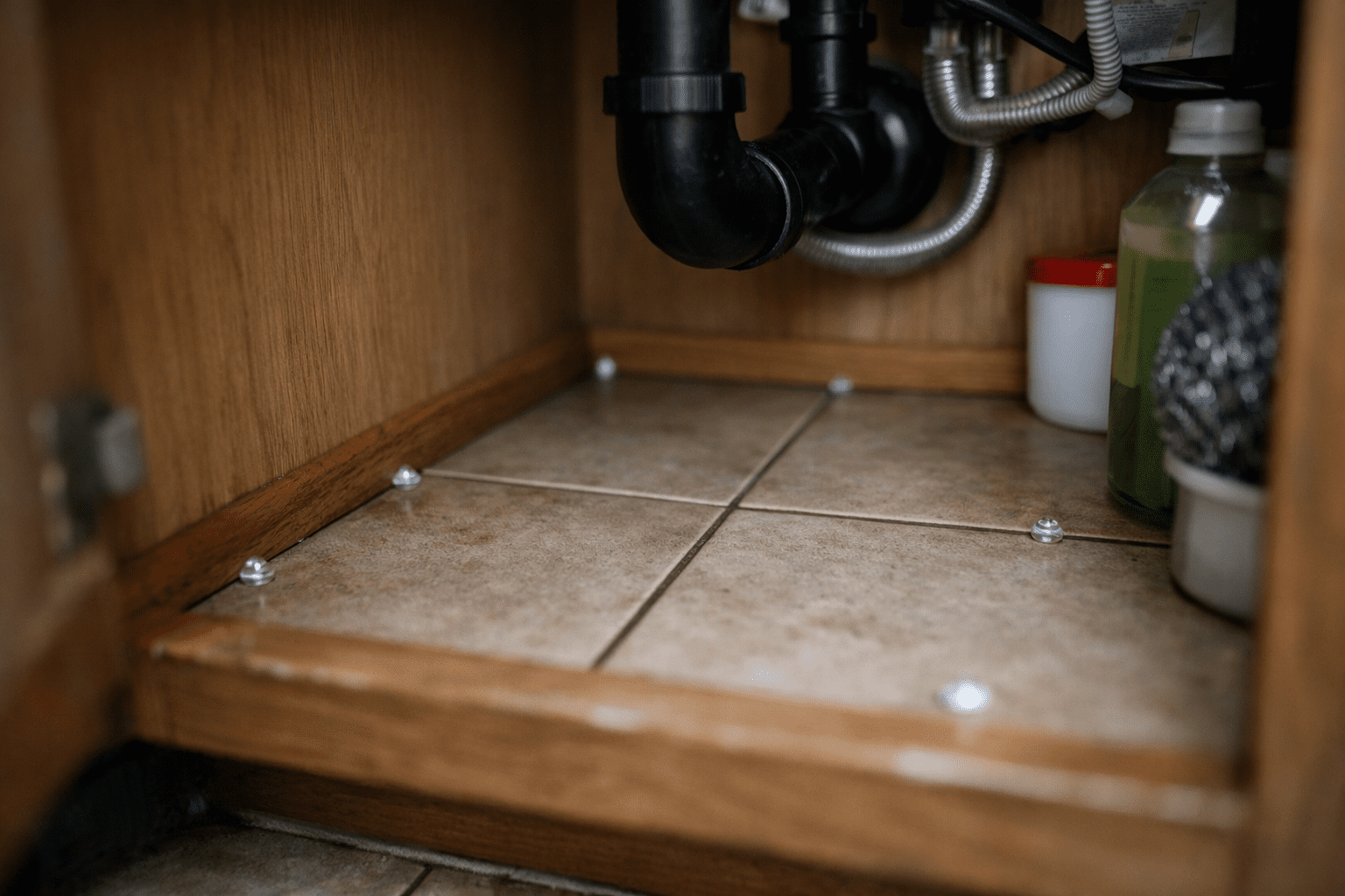 Professional cockroach gel bait placement in kitchen cabinet corners and baseboards