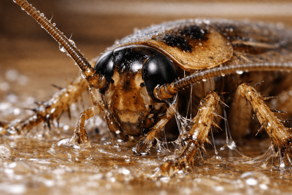 Macro detail of cockroach trapped on sticky trap showing insect anatomy and adhesive surface