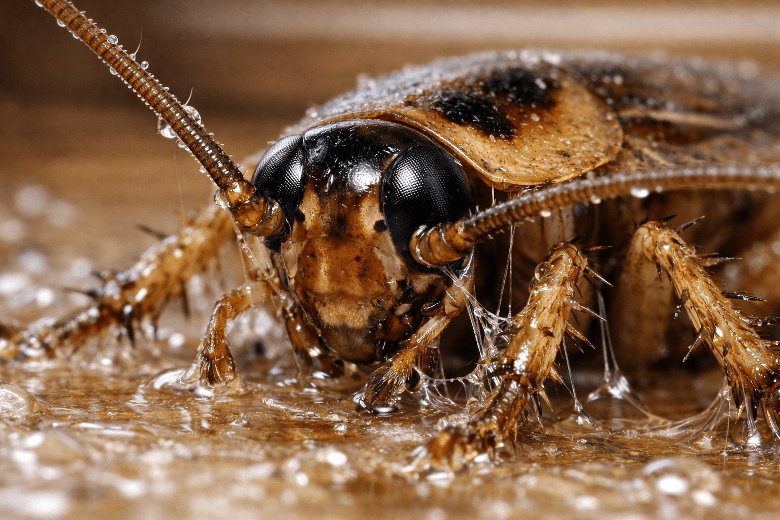 Macro detail of cockroach trapped on sticky trap showing insect anatomy and adhesive surface
