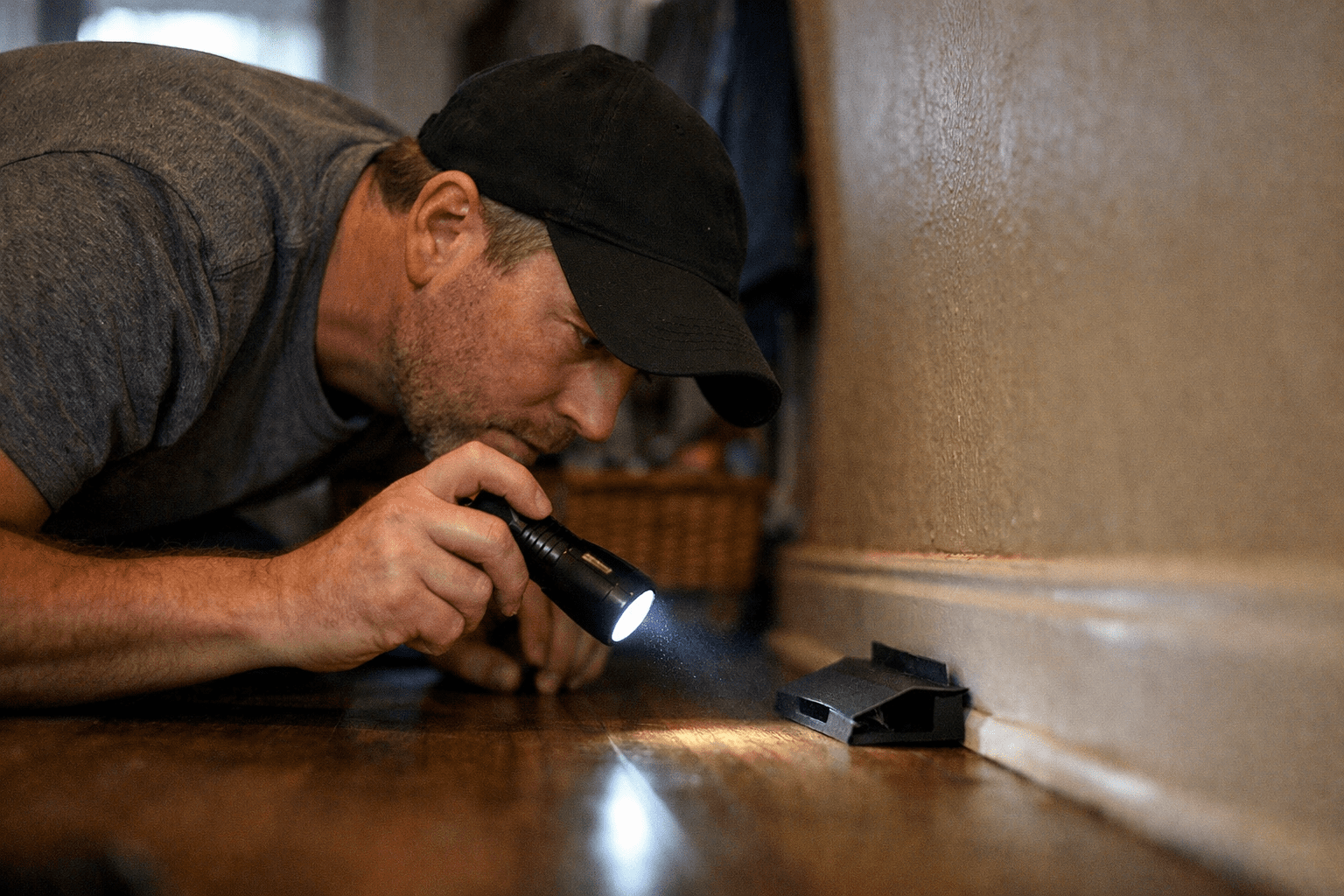 Person inspecting cockroach traps during home pest control monitoring and detection routine