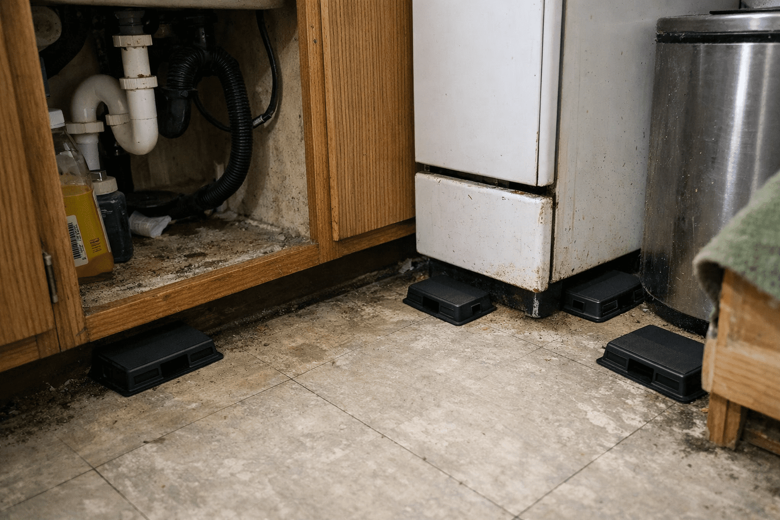 Roach trap stations positioned in kitchen corners and baseboards for cockroach control monitoring