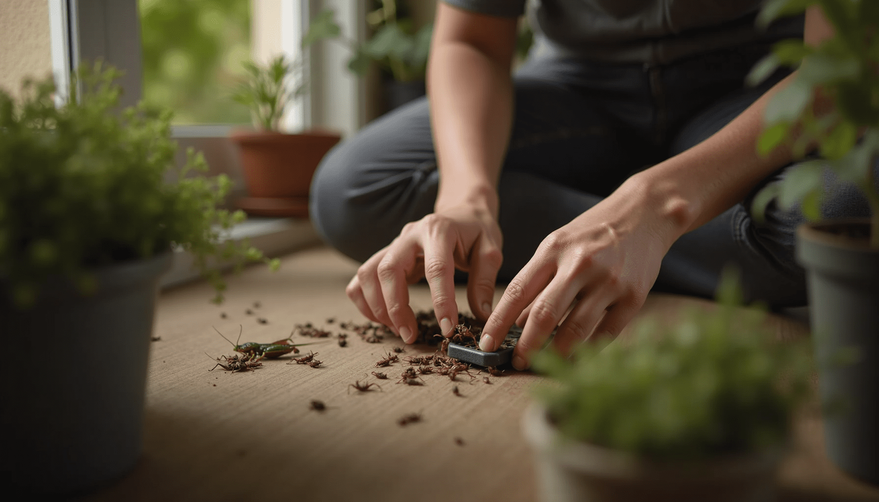 Person inspecting a cricket keeper outdoors, emphasizing cricket care for reptiles.
