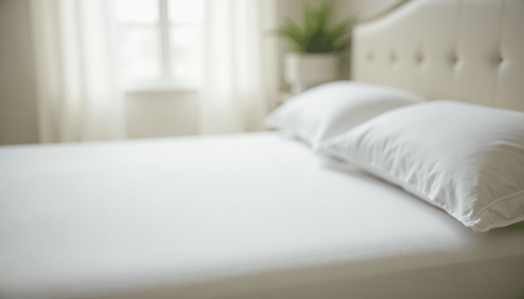 A neatly made bed with a mattress and pillows protected by hypoallergenic dust mite covers in a bright bedroom.