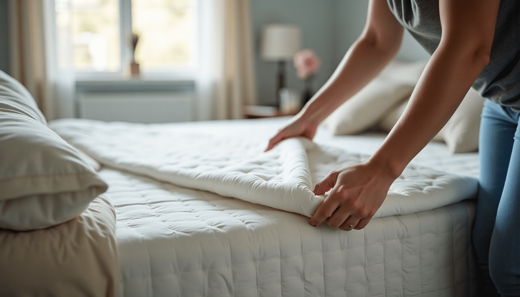 A person's hands smoothly pulling a white dust mite protector over a mattress in a candid bedroom scene.