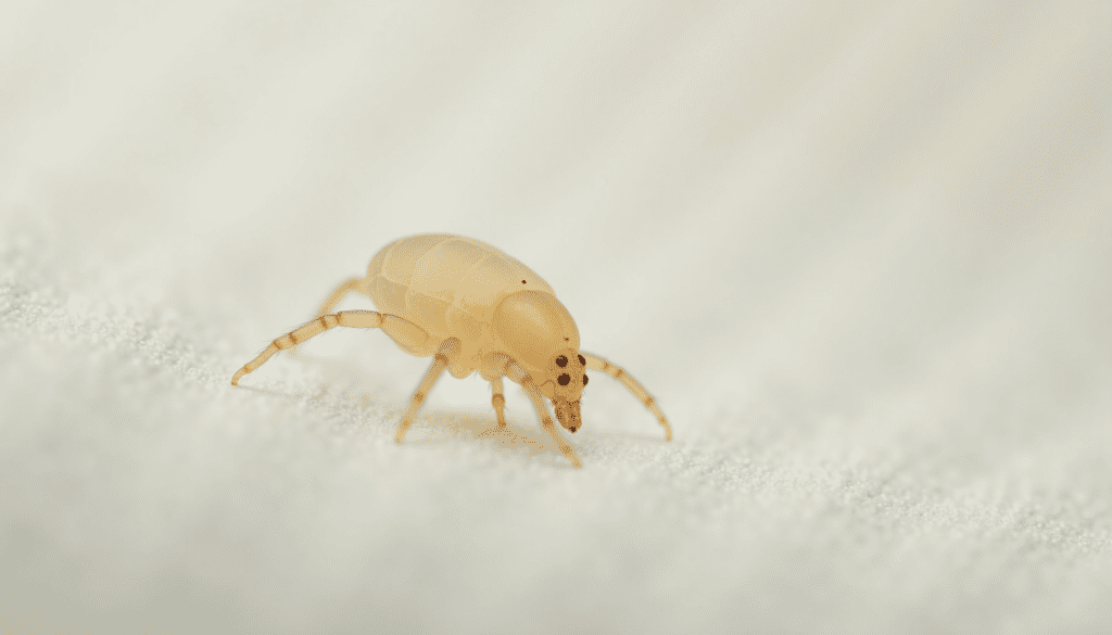 Stunning macro photography of a dust mite on a white fabric surface, highlighting its intricate details.