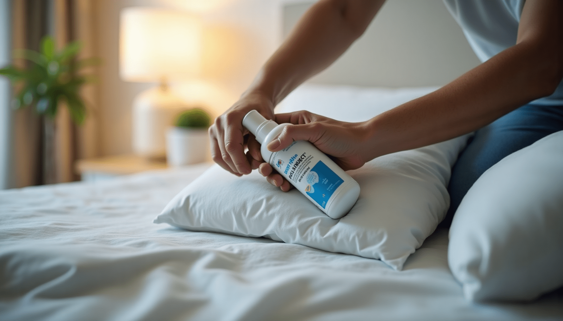 Person's hand applying a dust mite spray directly onto a bed mattress for effective dust mite treatment.