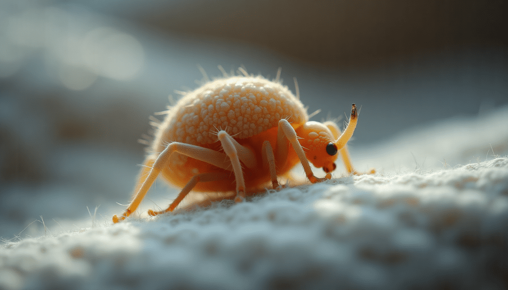 Highly magnified dust mite on a bed linen fiber, illustrating the target for dust mite sprays.