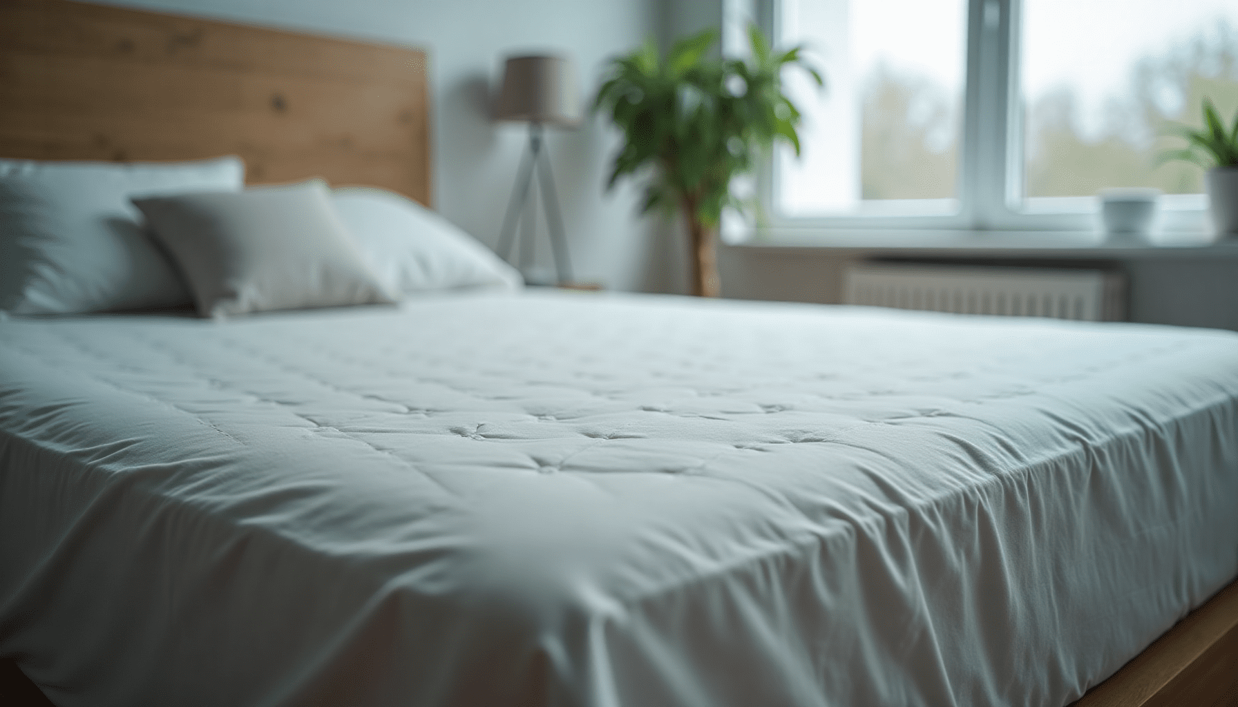 Close-up of a mattress surface, representing the primary habitat for dust mites and where bed mite spray is applied.