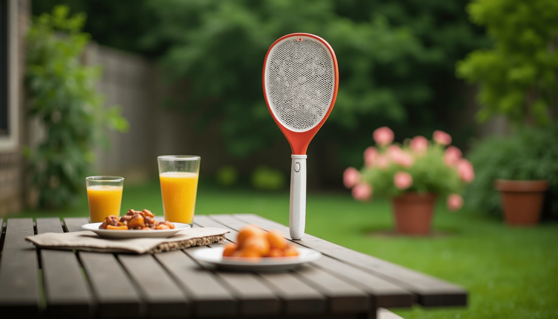 Electric fly swatter placed near picnic table in a backyard.