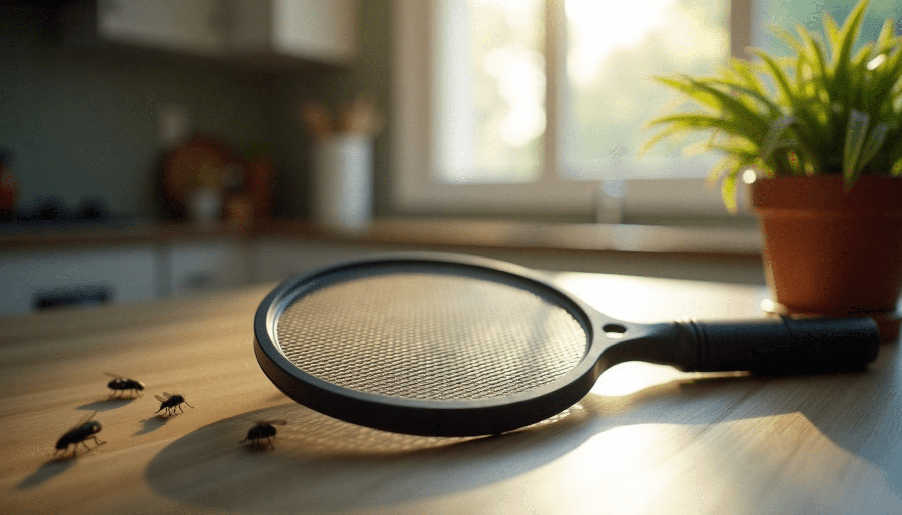 Close-up of an electric fly swatter on a kitchen counter with flies nearby.