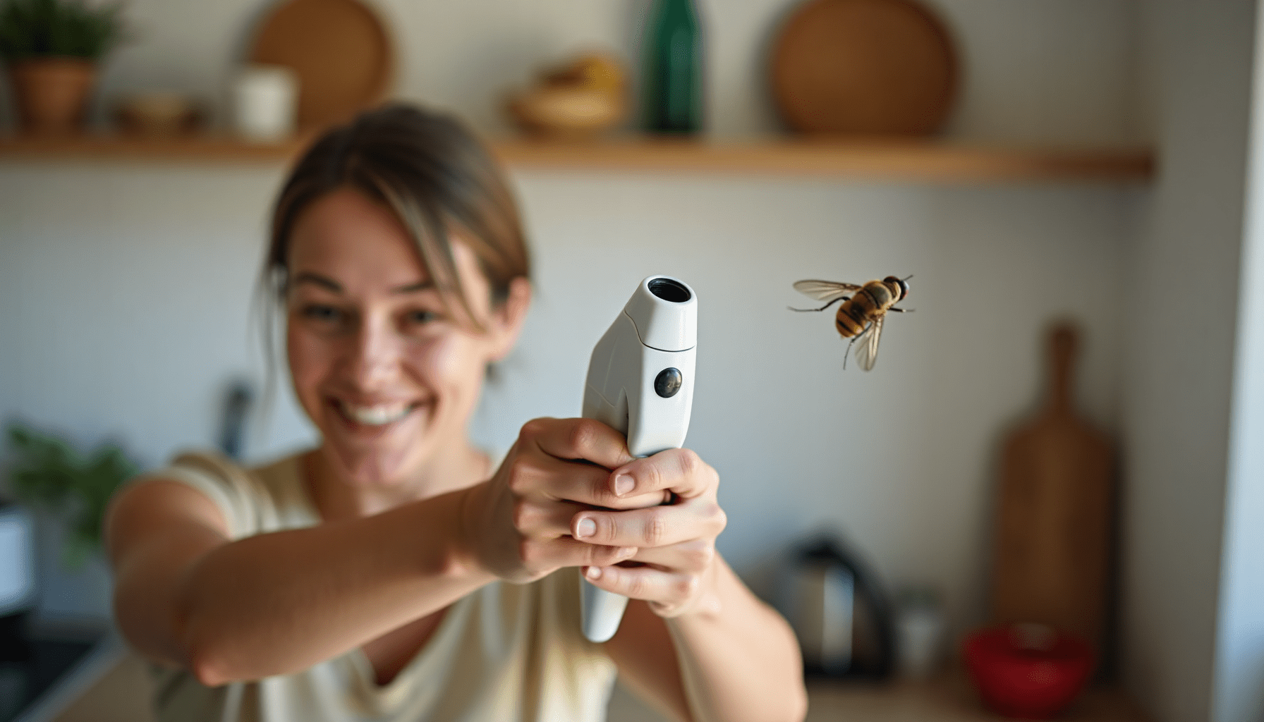 Person using an electric fly swatter in a kitchen to catch flies.