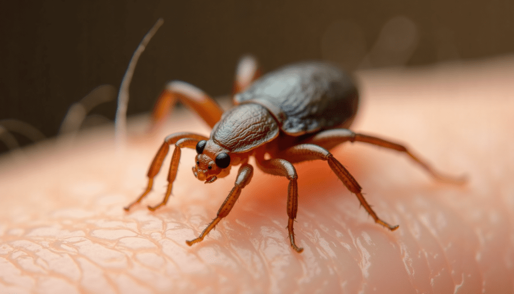 Close-up macro photograph of a head louse on a hair strand, showcasing detailed anatomy for effective lice removal.