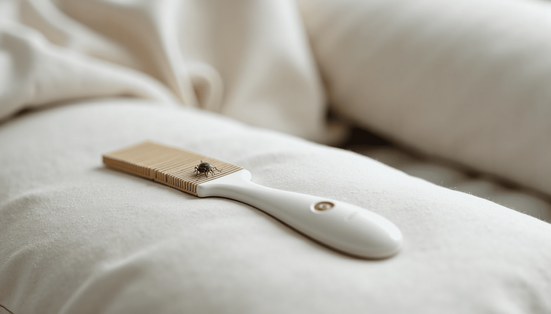 A fine-toothed comb resting on a pillow, showing tiny specks caught in its teeth, relevant to electric lice combs.