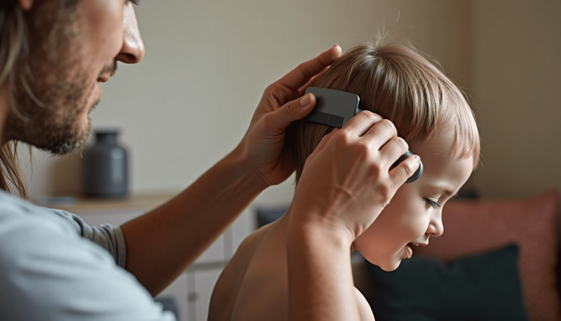 A parent gently combs through a child's hair, inspecting for head lice in a natural home setting for lice removal.