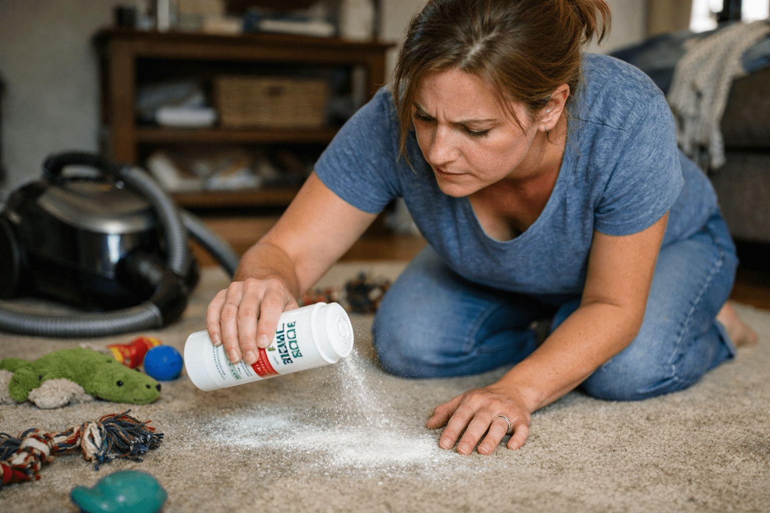 Woman applying flea carpet powder to home carpet during pest control treatment