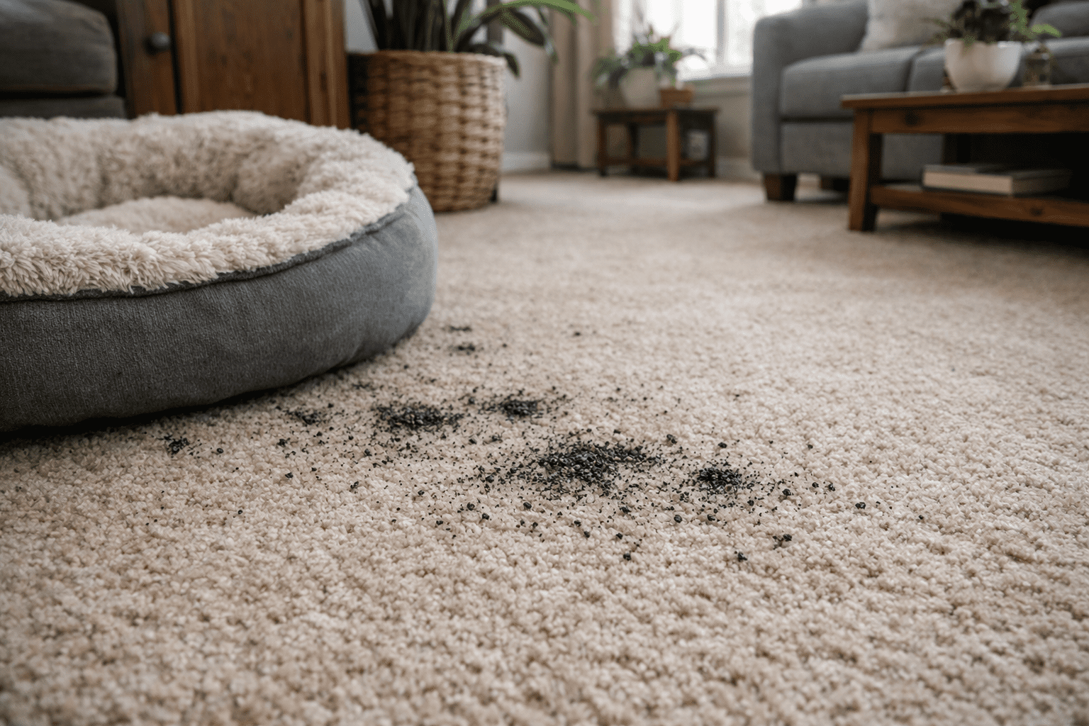 Living room carpet with visible flea dirt spots and pet bed in background