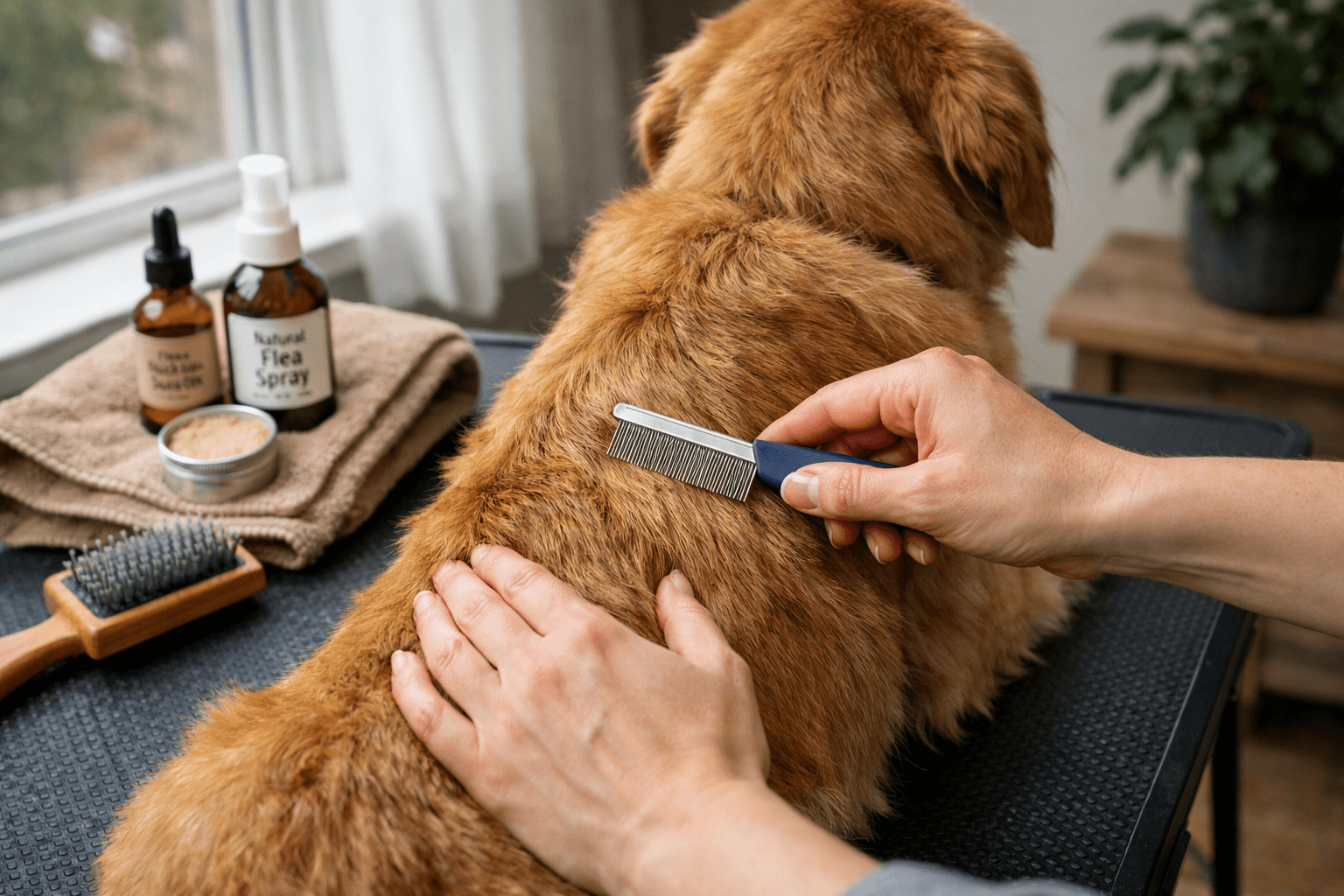 Person grooming dog with flea comb, demonstrating proper flea removal technique at home