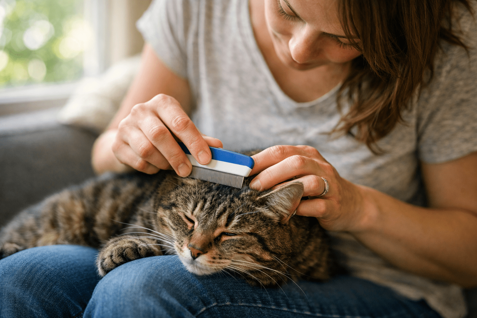 Cat owner using flea comb to check for fleas and debris in cat's coat