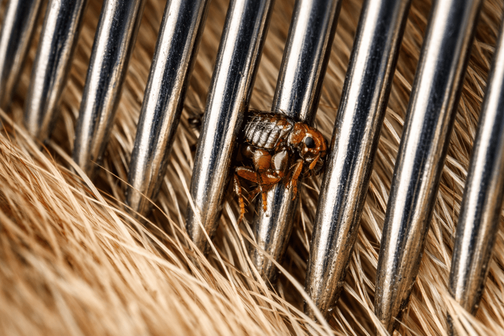 Flea comb teeth capturing a flea in pet fur, showing fine metal detail and effectiveness