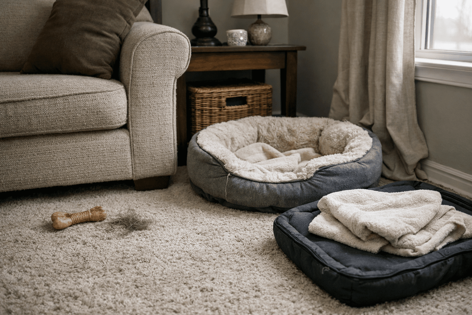 Living room interior showing carpet and furniture where fleas hide and reproduce indoors