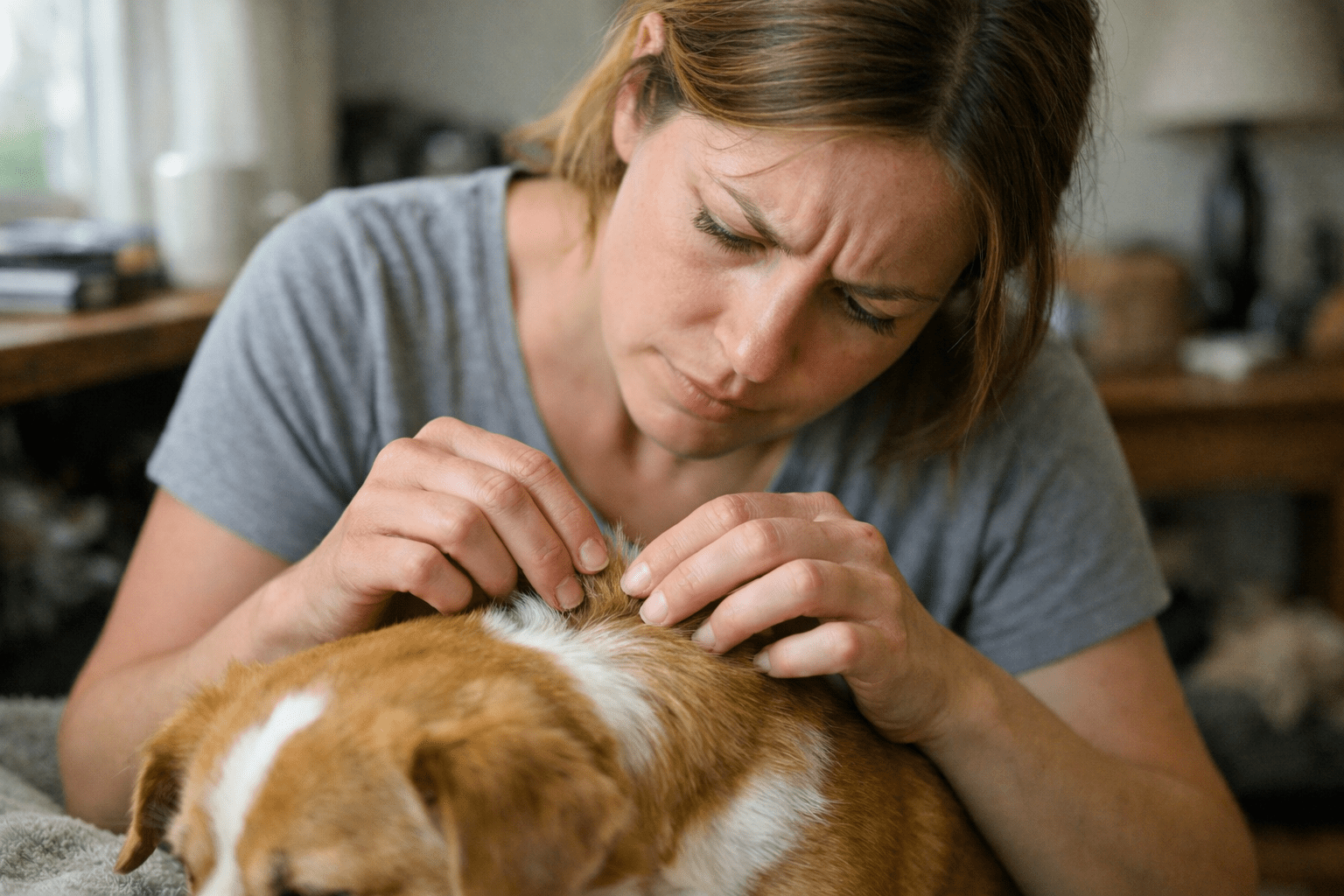 Pet owner carefully inspecting dog's fur for fleas in natural home lighting