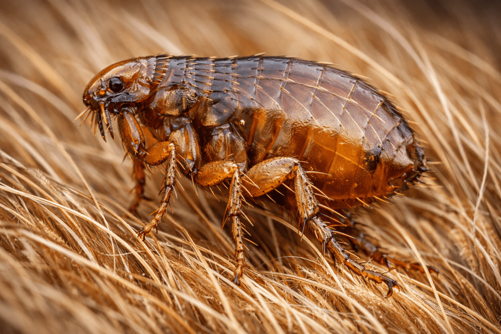 Detailed macro photograph of adult flea on pet fur showing body structure and legs
