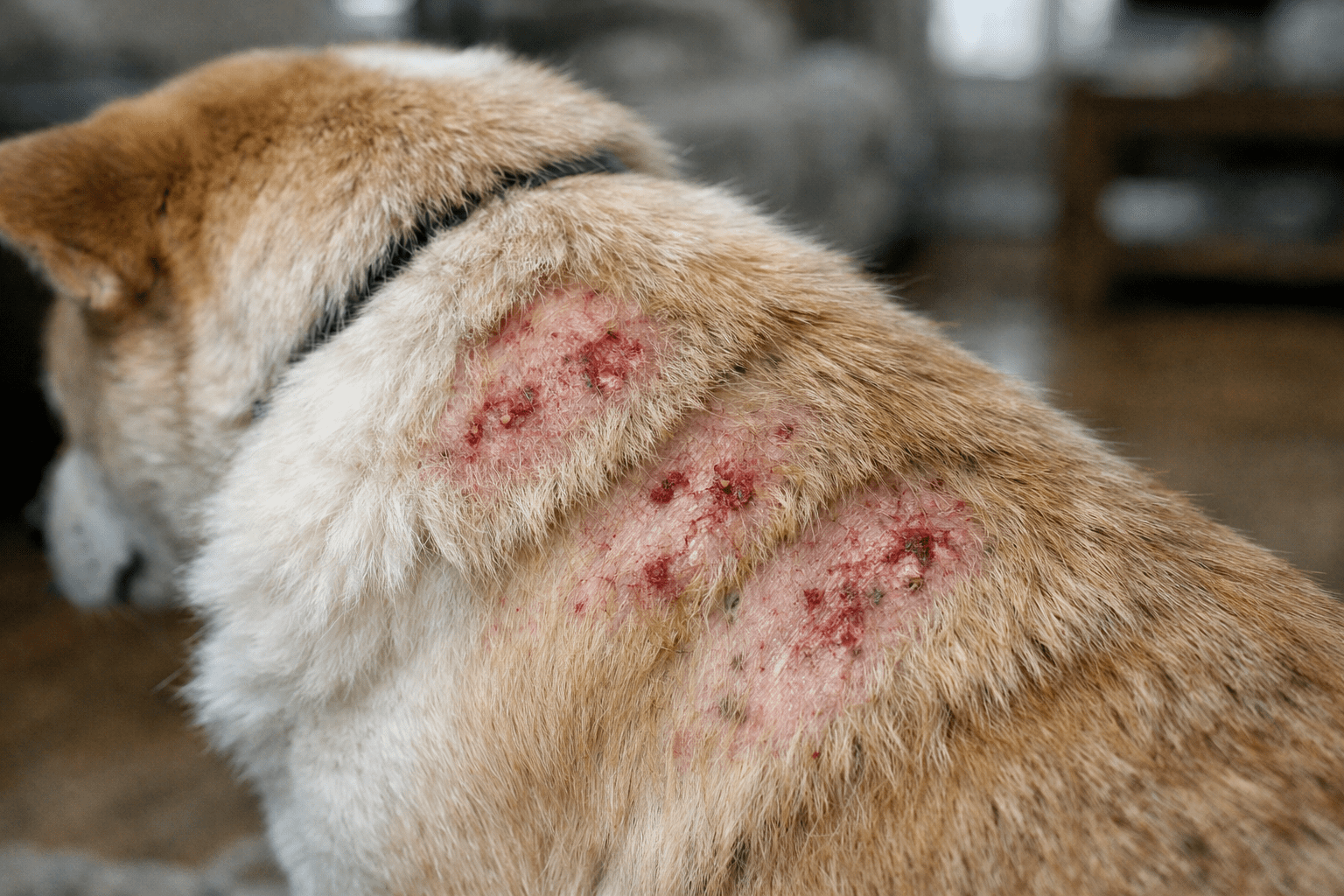 Dog's neck and back showing irritated skin and scratching from flea infestation