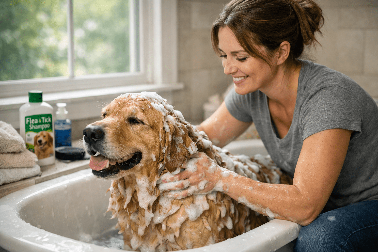 Woman bathing her dog with flea shampoo for parasite control and treatment