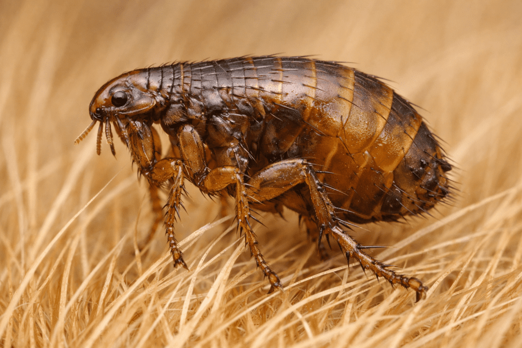 Macro close-up of a flea on dog fur showing detailed body structure and legs