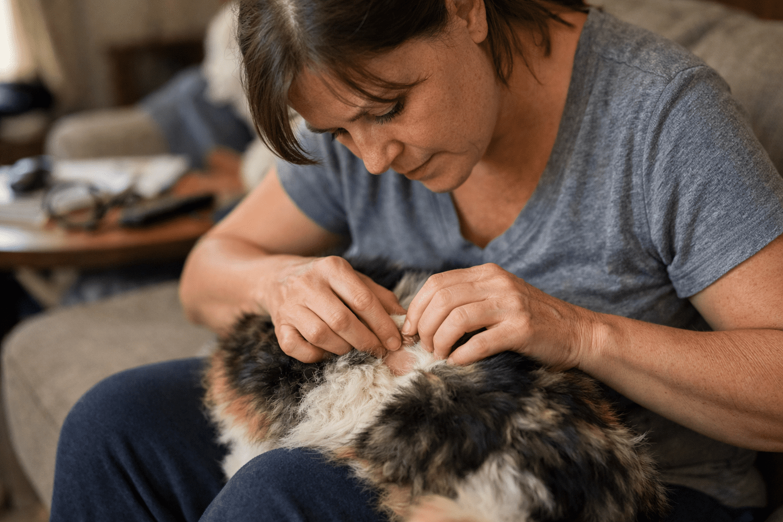 Person checking their pet's fur for fleas as part of home flea control routine