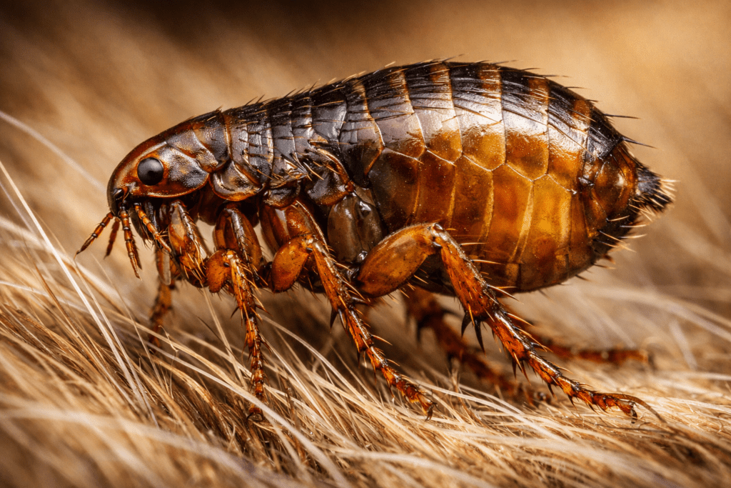 Detailed macro photograph of a flea on pet fur showing body structure and legs clearly